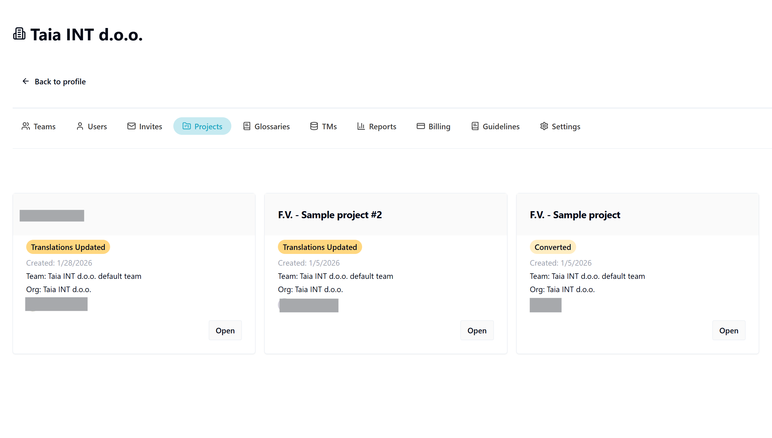 Taia project dashboard showing centralized translation management with status tracking