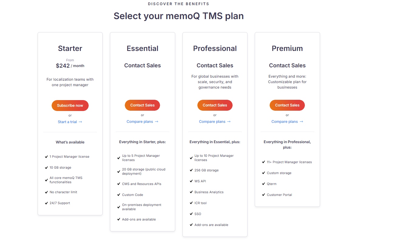 MemoQ translation memory software pricing and subscription tiers